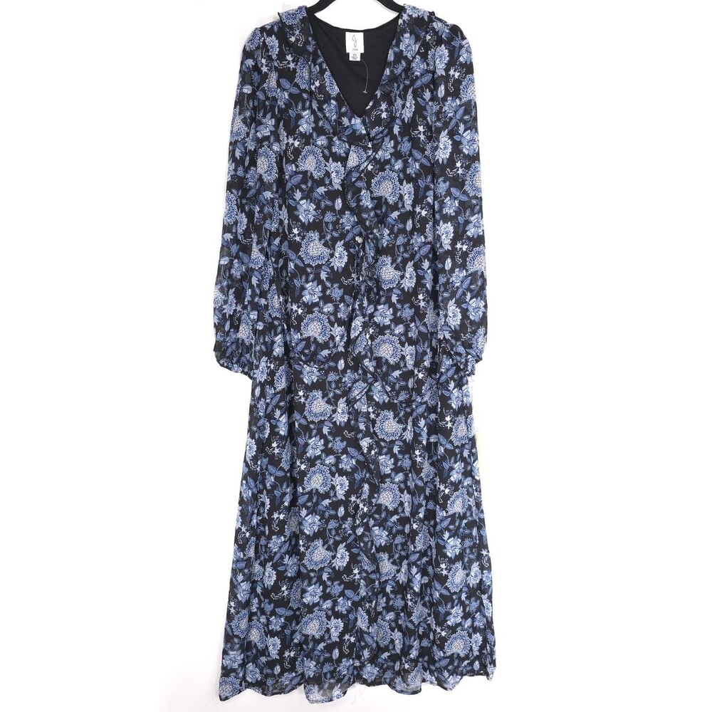JOIE Women's New Maxi Dress XS Blue Floral Ruffle Long Sleeve
